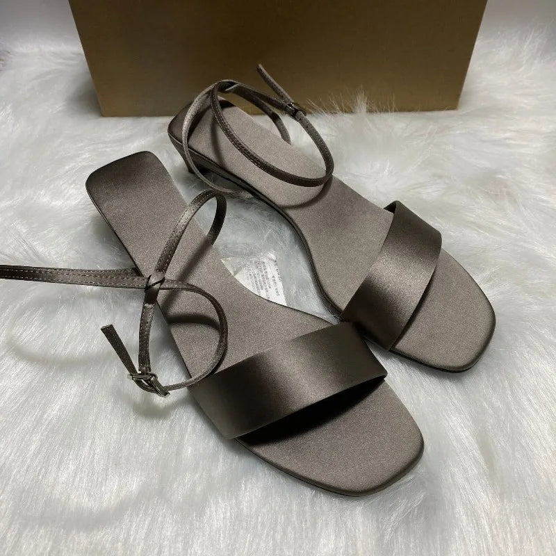 Luxury Satin Ankle Strap Low Heels Women Modern Sandals Summer Elegant Open Toe Brand Designer Large Size Female Office Shoes