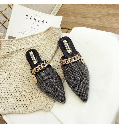 2025 New Summer Shoes for Women Luxury Slipper Girl Bling Crystal Chain Casual Flat Sandals Girl Pointed Toe Slides