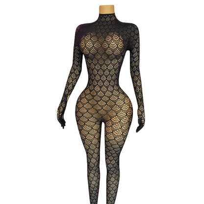 FAGADOER Sexy Hollow Out Patchwork Bodycon Jumpsuits Women Lace See Through Long Sleeve Backless Rompers Female Party Clubwear