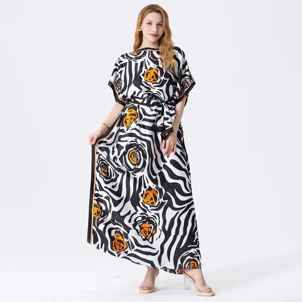 1 piece, colorful floral satin long dress, women's loose long dress, with the same color headscarf, fashionable beach robe