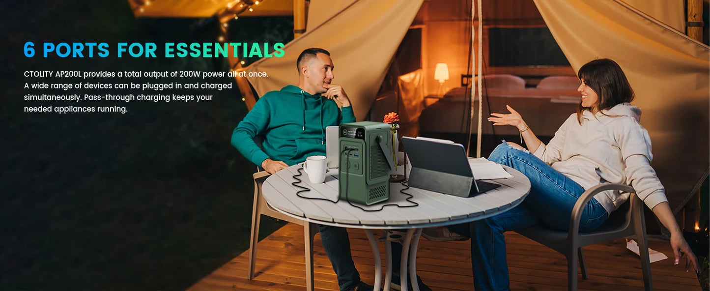 CTOLITY AXP200 200W Portable Solar Generator 192Wh Power Station Lifepo4 Battery Camping Power Bank Emergency Supply 140W PD
