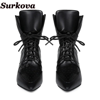 Women'S Black Stitching Lace-Up Short Boots Pointed Toe Stiletto Breathable Sports Boots   Casual All-Match Party Bare Boots 47