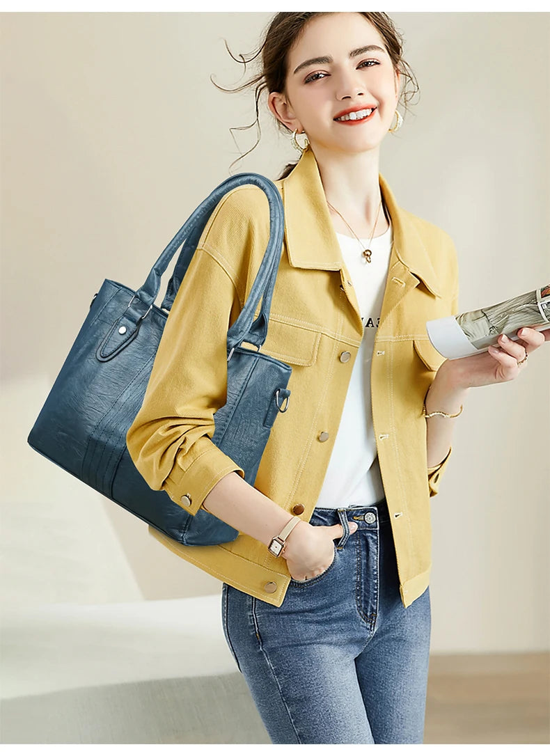 New Soft Leather Handbag For Women Vintage Shoulder Tote Bag Luxury Designer Ladies Large Capacity Purse Commute Bags Sac A Main