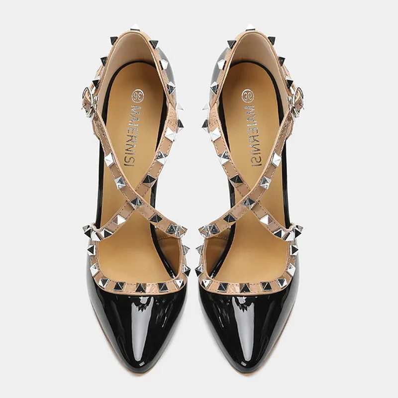 Women Rivet Cross Strap High Heel Sandals Sexy Pointed Toe Single Shoes for Nightclub Party Host Model Catwalk Cross Dressing