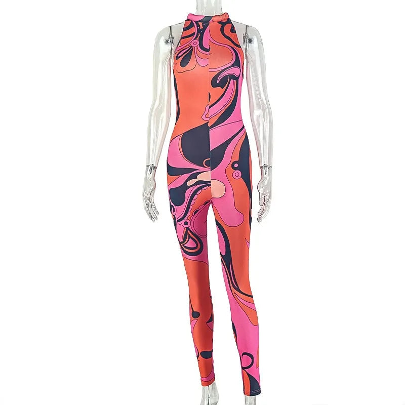 Abstract Print Jumpsuits Women Sexy O-neck Sleeveless Back Zipper Bodycon Rompers Party Clubwear Vacation Y2k Streetwear