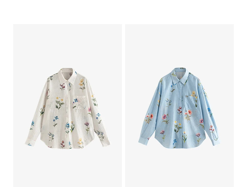 TOYOUTH Women Shirts 2026 Summer New Linen Lyocell Print Fresh Mid Length Floral Blouse Tops