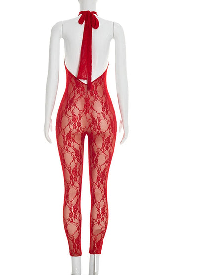 Bonnie Forest Sexy Solid Lace Bandage Skinny Jumpsuit New Women Halter Backless Party Night Clubwear Rompers Outfits