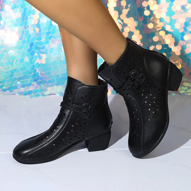 2025 Summer New Women's Fashion Hollow-Out Soft Sole Mid-Heel Ankle Boots, Retro Breathable Comfortable Shoes