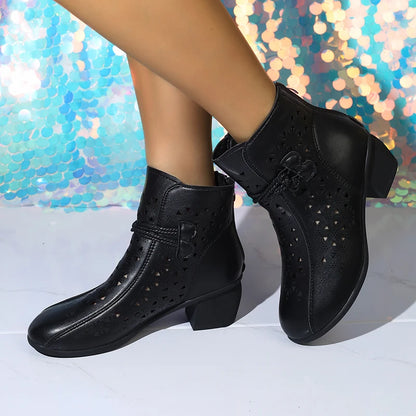 2025 Summer New Women's Fashion Hollow-Out Soft Sole Mid-Heel Ankle Boots, Retro Breathable Comfortable Shoes