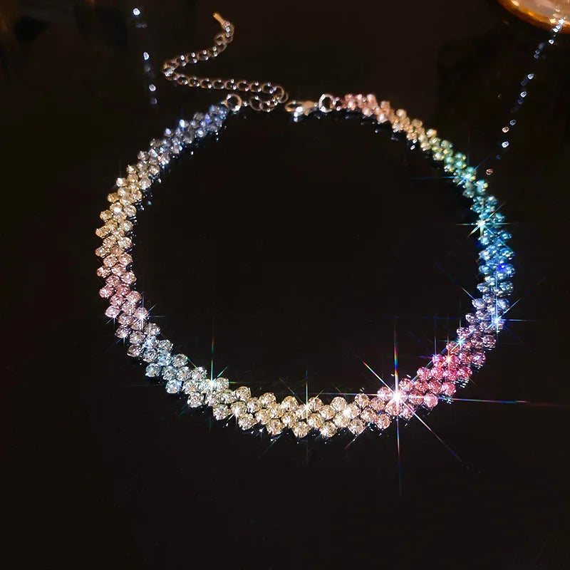 FYUAN Fashion Red Green Blue Colourful Rhinestone Choker Necklaces for Women Geometric Crystal Necklaces Party Weddings Jewelry