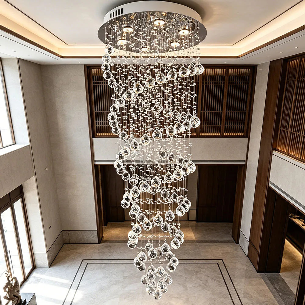 Modern Luxury Spiral Crystal Ceiling Fixture Long Cascading Crystal Design for Duplex Stairwell High Ceiling Home Lighting