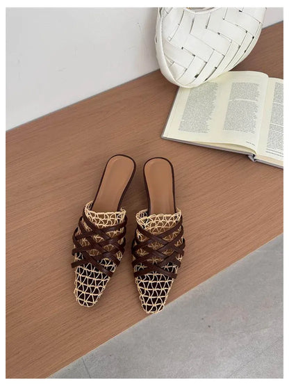 2026 Summer Luxury Fashion Designer Slippers Women Lace Mesh Square Toe Slip On Mule Slippers Low Heel Sandal Casual Shoes Muje