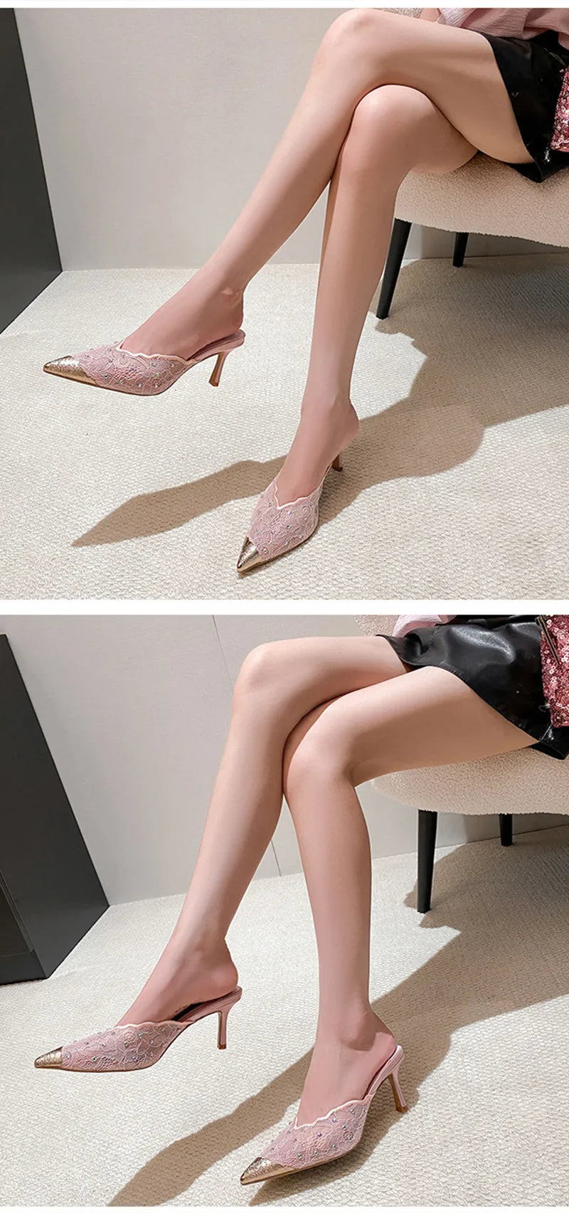 Luxury Rhinestones Mesh Lace Women Pumps Sandals Summer Elegant Pointed Toe 8cm Thin High Heels Mulse Sides  Fashion Party Shoes