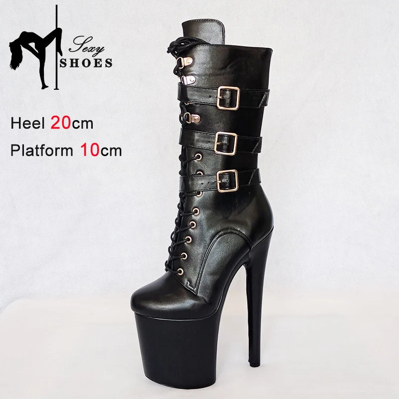 Sexy Knight Female 8Inch High Heel Platform Ankle Boots for Women Autumn Winter Shoes 20cm Black Buckle Strap Pole Dancing Boots