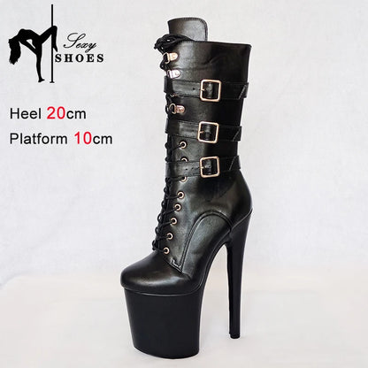 Sexy Knight Female 8Inch High Heel Platform Ankle Boots for Women Autumn Winter Shoes 20cm Black Buckle Strap Pole Dancing Boots