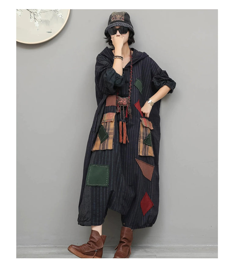 Unique Vintage-style Patchwork Jumpsuit Women Autumn Loose Hooded Long Sleeves Overalls LX6788