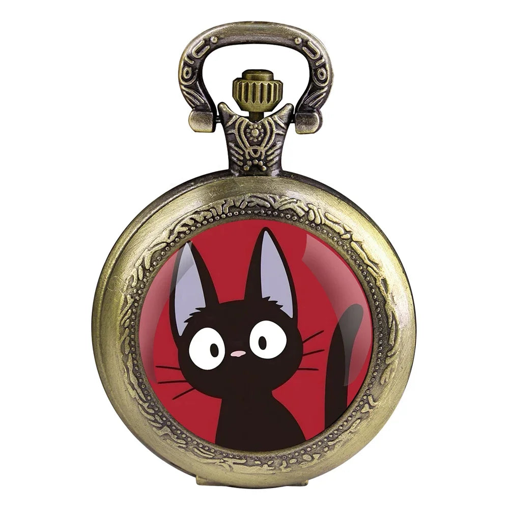 Anime Black Cat Glass Dome Quartz Pocket Watch Arabic Dial Vintage Men Women Necklace Pendant Creative Clock Children Gift