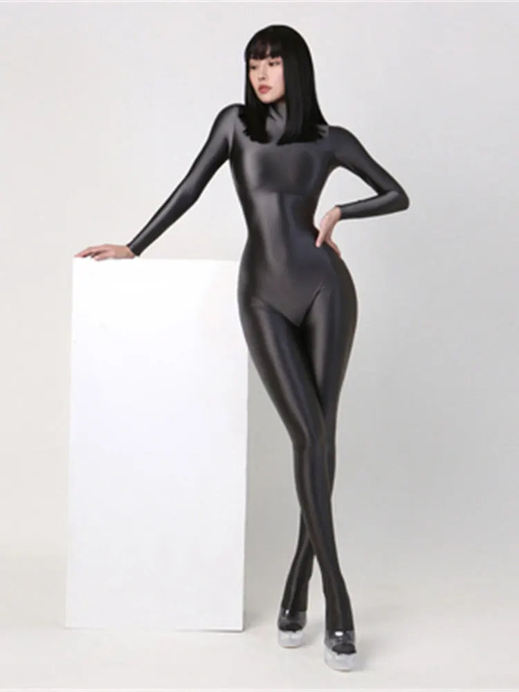 Womens Gym Yoga Pure Color Bodysuit One-piece Playsuits Bodycon Rompers Spandex Silky Tights Cosplay Catsuit Glossy Jumpsuits