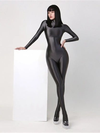 Womens Gym Yoga Pure Color Bodysuit One-piece Playsuits Bodycon Rompers Spandex Silky Tights Cosplay Catsuit Glossy Jumpsuits
