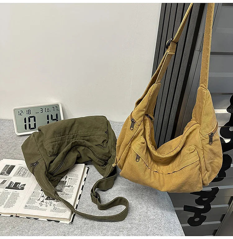 100% Cotton Shoulder Bags Women Large Capacity Canvas Tooling Packages Korea Style Cloth Crossbody Bags Solid Messenger Bags