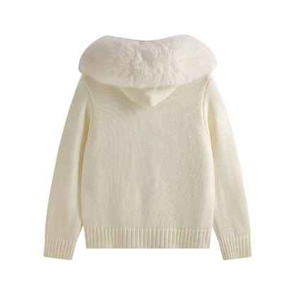 New 2026 Winter Sweater Coat Women Hooded Cardigan Fur Collar Hooded Knit Thicken Warm Women's Coats Chic Casual Outwear Coats