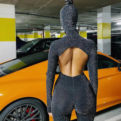 Women's Black Long Sleeve Backless Bodycon Jumpsuit Streetwear Romper Playsuit Solid Color Autumn Winter Fashion 2025