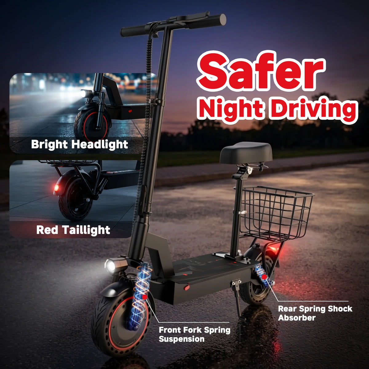 10inch Solid Tire Electric Scooter with Basket 7.8AH Battery 22Miles Max Range 22MPH Max Speed Dua Shock Absorption Foldable Adult E-scooter