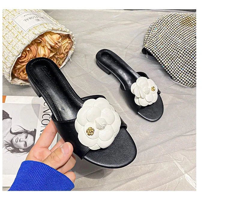 High End Luxury Flower Slippers Women Camellia Shoes Open Toe Slides Femme Outside&Home Pantuflas Sandals Ladies Flip Flops