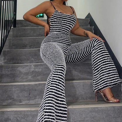 OMSJ New Style Backless Jumpsuits For Women Sexy Camisoles High Waist Hip Lifting Striped One-piece Rompers Flare Pants Clubwear