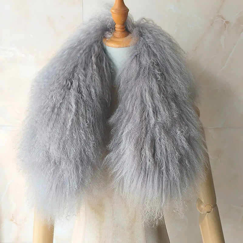 Women Winter Mongolia lamb Fur Scarf Short Luxury Ladies Warm Genuine Tibet Fur Scarves Female Middle Length Real Fur Collar