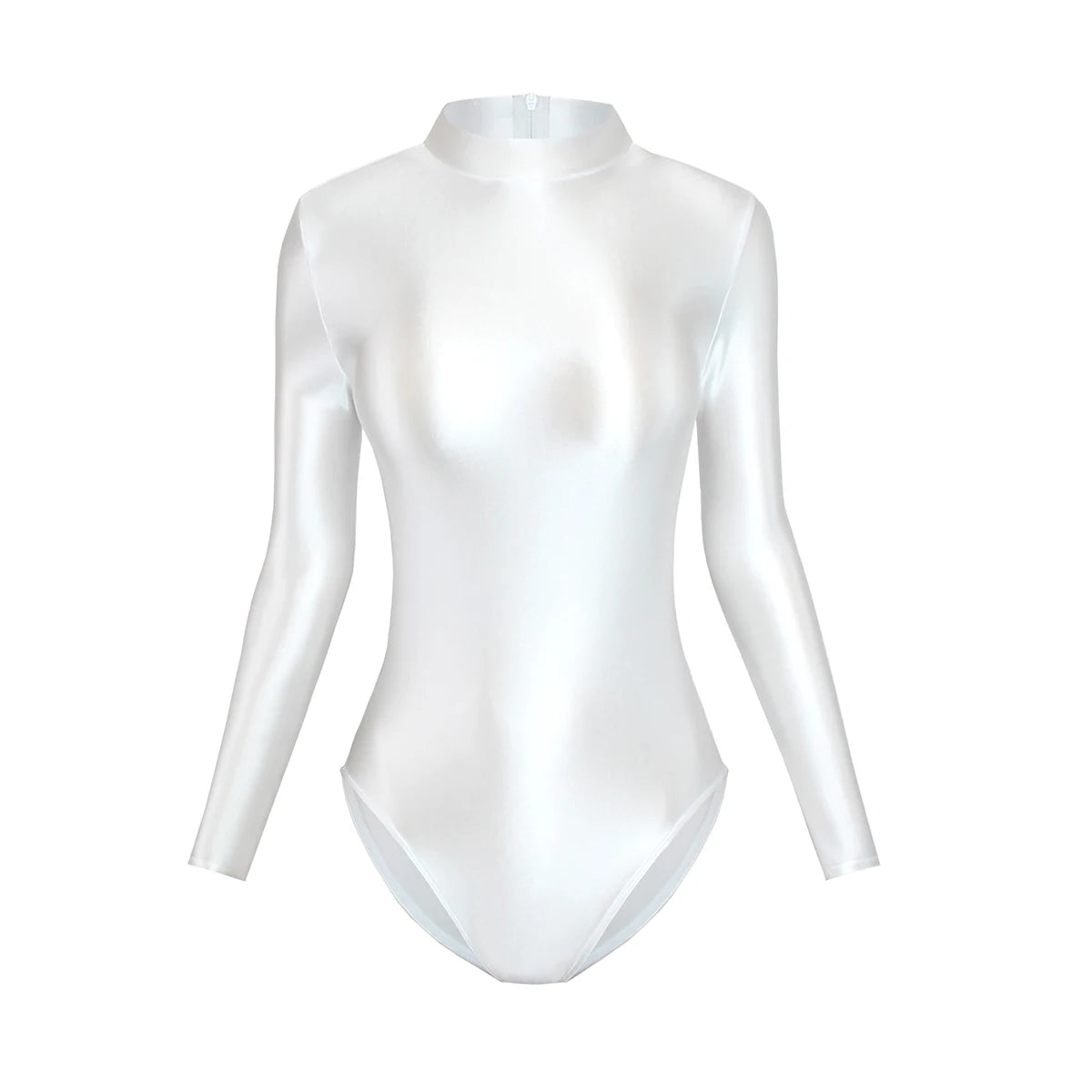 Satin Glossy Leotards Long Sleeve Back Zipper One Piece Swimsuit Sexy High-Cut Bikini Bodysuit Women Bathing Suit Plus Size