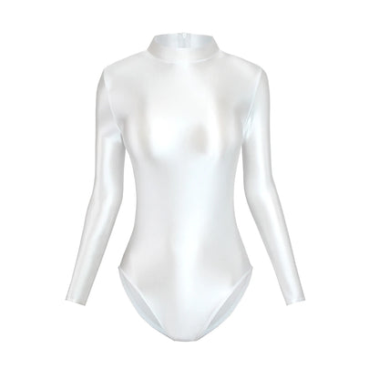 Satin Glossy Leotards Long Sleeve Back Zipper One Piece Swimsuit Sexy High-Cut Bikini Bodysuit Women Bathing Suit Plus Size