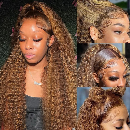 30 Inch 250 Density Highlight Honey Brown Curly Lace Front Human Hair Wigs 13x6 13x4 Ombre Colored Deep Wave Lace Frontal Wig