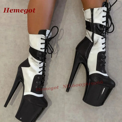 White Platform Lace-Up Ankle Boots Steel Pole Dance Performance Shoes Round Toe Stiletto High Heels Cross Tied Zip Women's Boots