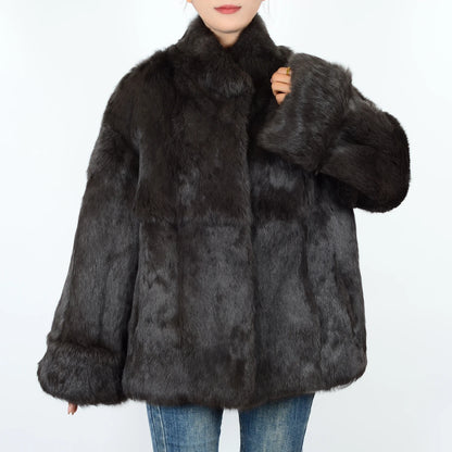 Real rabbit coat women genuine rabbit coat women natural fur coat women luxury sexy warmth ladies winter fashion lapel coat