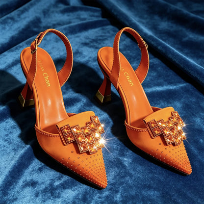 Women Green Satin Slingback High Heels Pointed Toe Emerald Crystal Rhinestone Sandals Wedding Evening Party Formal Dress Pumps