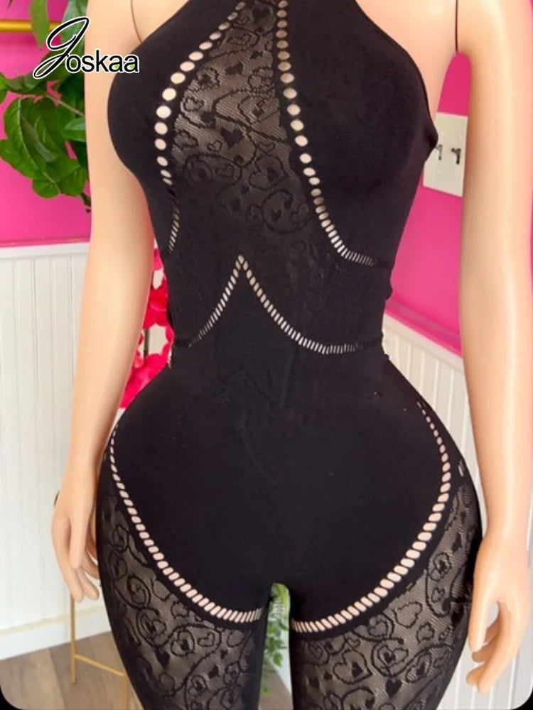 Joskaa Black Halter Neck Jumpsuits Women Sexy Print Hollow Out See Through Backless Bodycon Rompers Nightclub Party Outfits