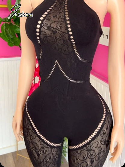 Joskaa Black Halter Neck Jumpsuits Women Sexy Print Hollow Out See Through Backless Bodycon Rompers Nightclub Party Outfits