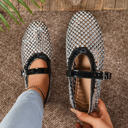 Summer Rhinestone Mesh Hollow Sandals Plus Size 43 Women Flats Shallow 2024 New Mary Jane Shoes Comfort Luxury Female Flat Shoes