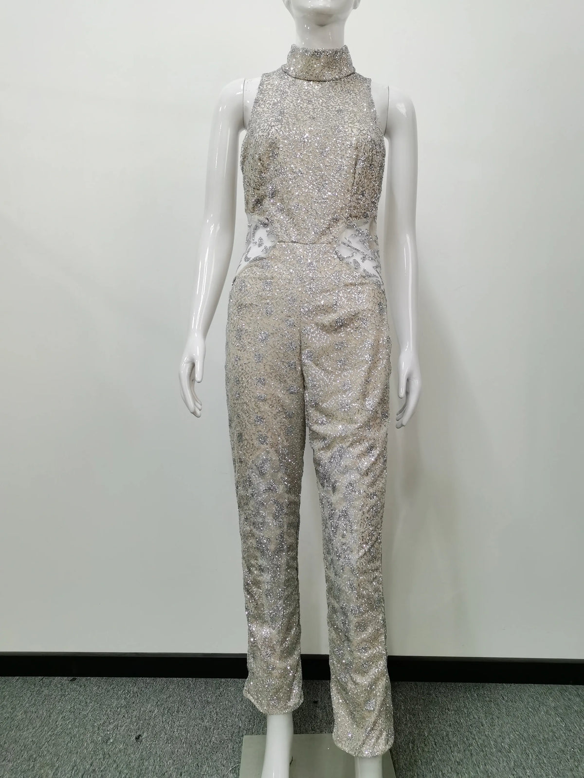 Women's Jumpsuit Sleeveless Halter Neck Jumpsuits Full Length Crystal Romper Fitted Waist Rhinestone Long Jumpsuit For Woman