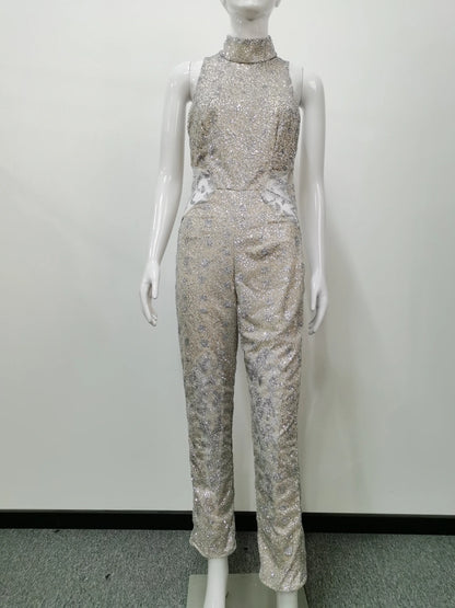 Women's Jumpsuit Sleeveless Halter Neck Jumpsuits Full Length Crystal Romper Fitted Waist Rhinestone Long Jumpsuit For Woman