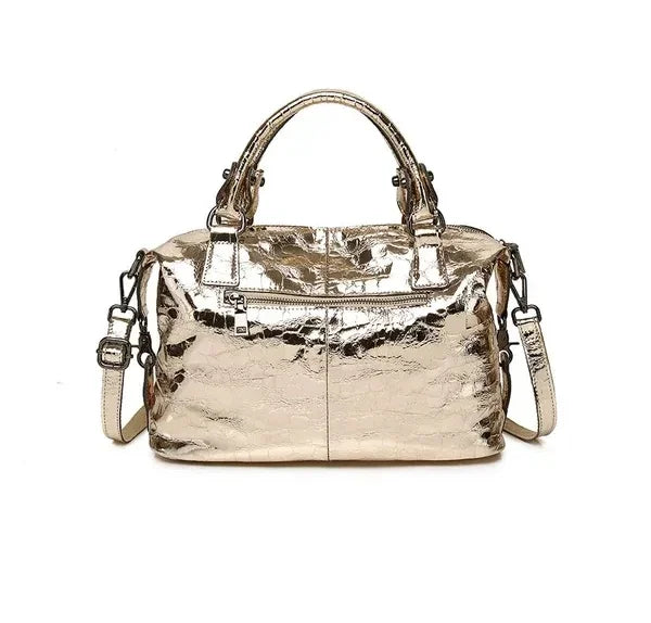 Real Leather Shiny Tote Handbags For Women Fashion Genuine Cowhide Leather Metallic Lady Bags With Shiny Embossed Coating