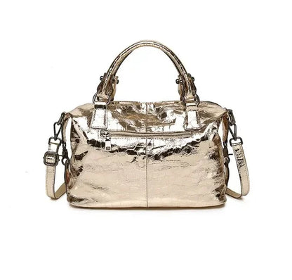 Real Leather Shiny Tote Handbags For Women Fashion Genuine Cowhide Leather Metallic Lady Bags With Shiny Embossed Coating