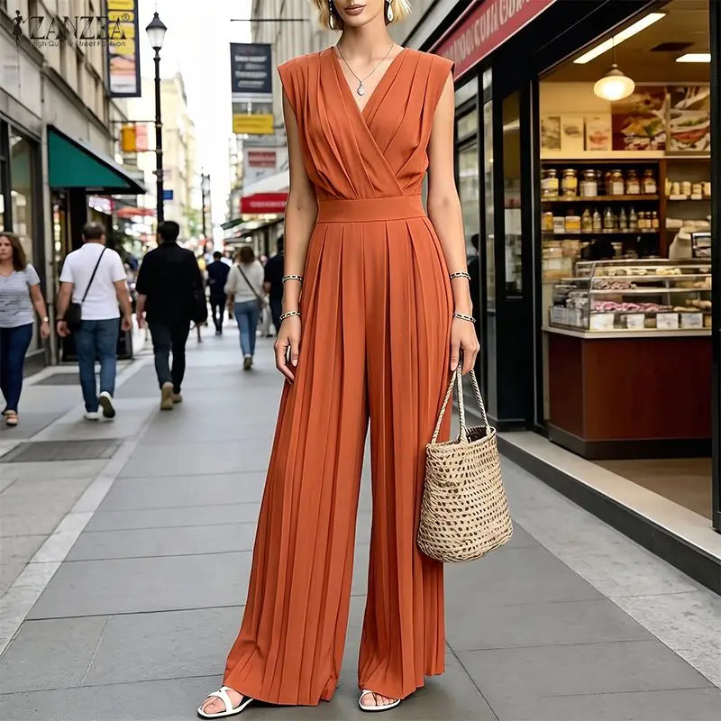 Women Street Fashion Minimalist Jumpsuits V-Neck Sleeveless Inverted Pleats Wide Leg Pant Overalls ZANZEA Commute Work Playsuits