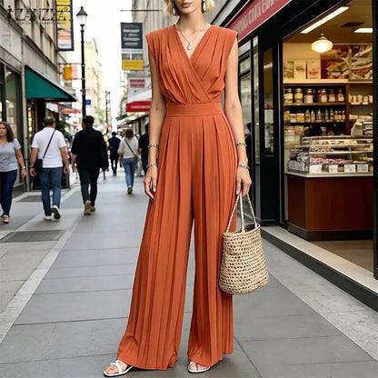Women Street Fashion Minimalist Jumpsuits V-Neck Sleeveless Inverted Pleats Wide Leg Pant Overalls ZANZEA Commute Work Playsuits