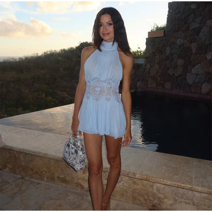 Light Blue Halter Neck Pleated Mini Dress Lady Sleeveless High Waist Hollow Lace Short Vestidos Summer Women's Vacation Outfit
