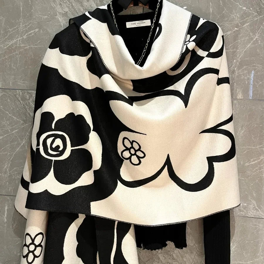 Elegant Women Flowers Soft Acrylic Cashmere Scarf Shawl Autumn Winter Neckerchief Spring Summer Travel Cape Long