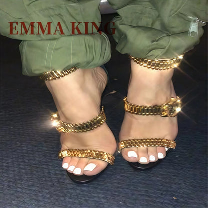 Gold Watch Studded Sandals Open Toe High Heel Ankle Strap Sandals Back Zipper Metal Chain Gladiator Sandals Summer Party Shoes