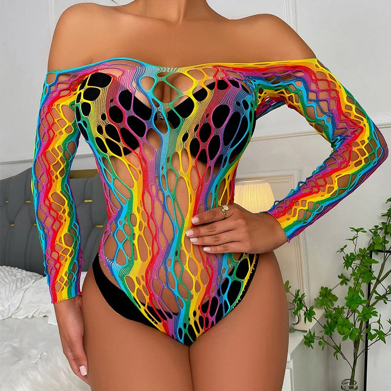 2022 Sexy Transparent Bodysuits Women's Bodice See Through Lingerie Bodysuit Elasticity Mesh Tights Long Sleeves Tops Streetwear