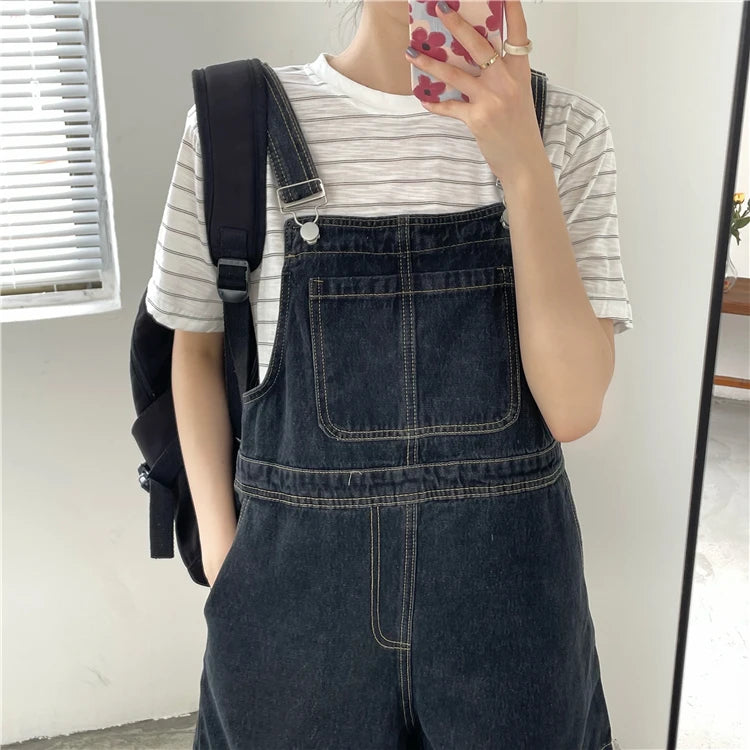 Women's Denim Overalls Short Trousers Wide Leg Loose Fit Thin Jumpsuit Korean Style for Petite Ladies Casual Clothing